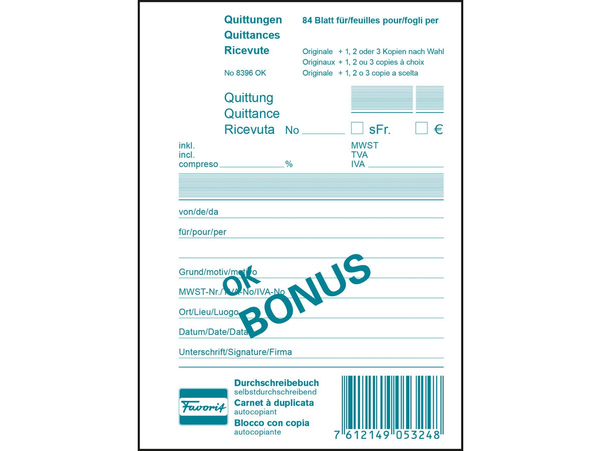 FAVORIT Quittungen OK BONUS D/F/I A6 8396 OK Durchschreibepapier 84 Blatt (7612149053248)