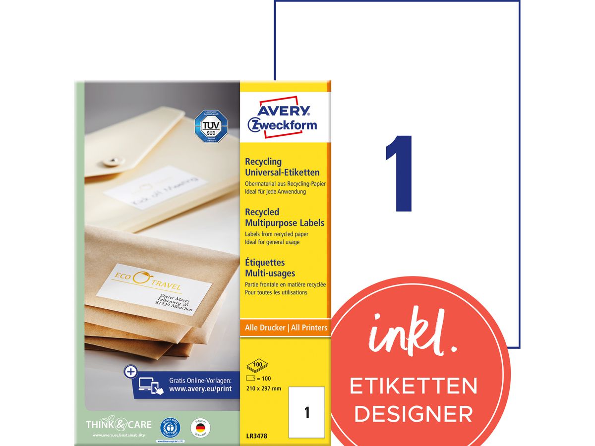 AVERY ZWECKFORM Etichette 210x297mm LR3478 recycling 100 pezzi (4004182035436)