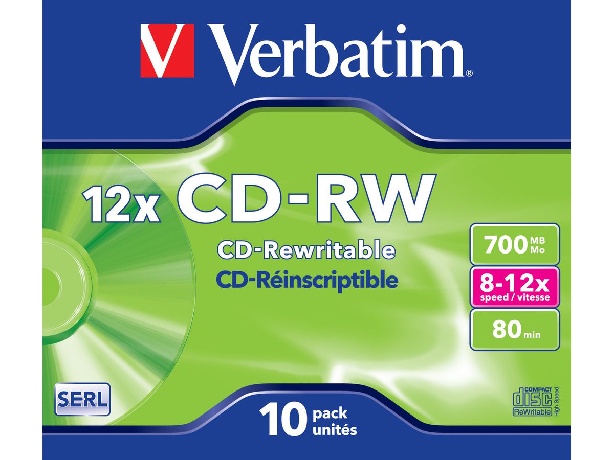 VERBATIM CD-RW Jewel 80MIN/700MB 43148 8-12x 10 Pcs (0023942431480)