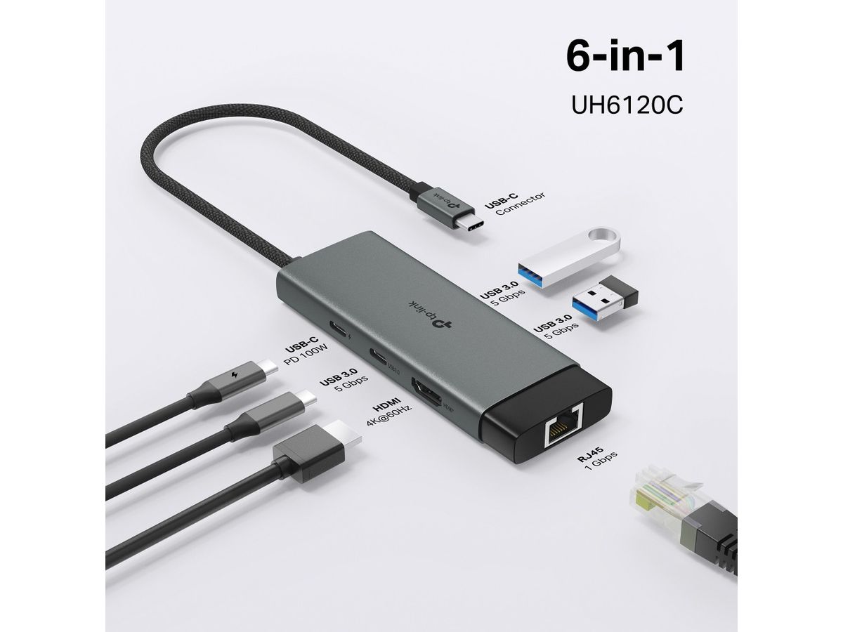 TP-LINK USB-C 6-Port Hub UH6120C HDMI 4K,USB-A&C, PD 100W,RJ45 (8885021371887)
