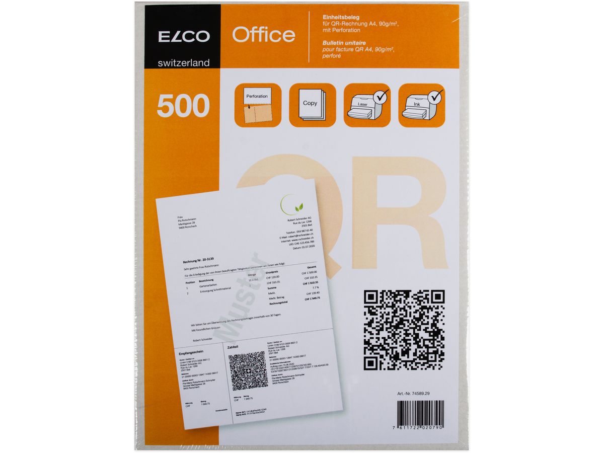 ELCO Einz.schein QR-Rech. A4 74589.29 90g, perforiert,500 Stück (7611722020790)