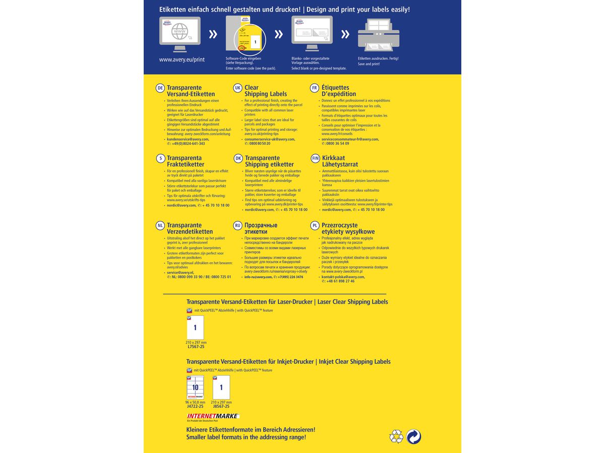 AVERY ZWECKFORM Etichet.p.indirizo 210x297mm L7567-25 Laser, tras. 25pz./25fl. (4004182047774)