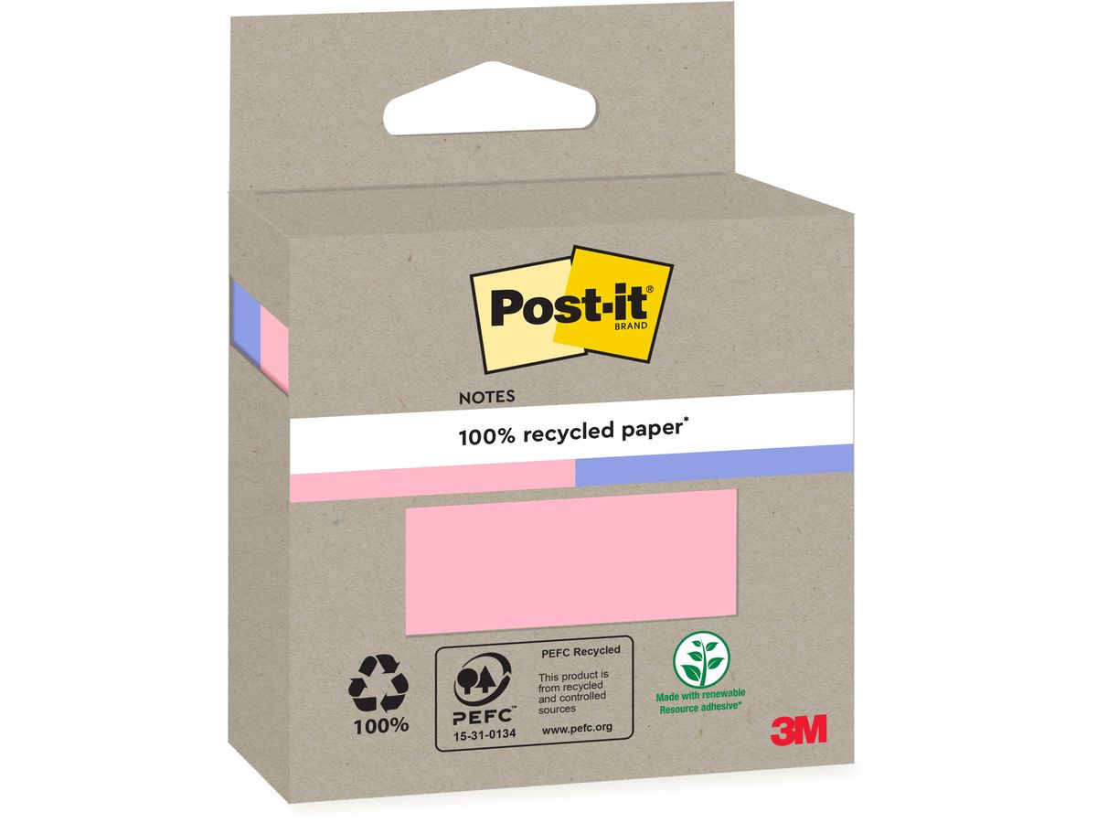 POST-IT Haftnotizen Recycling 76x76mm 6820R-2PB blau und pink 2x100 Blatt (4054596907027)