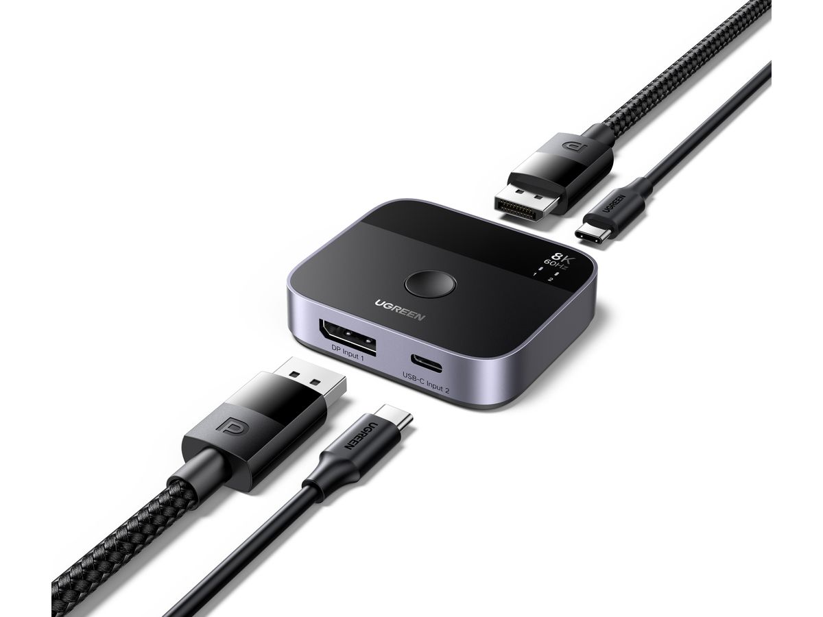 UGREEN Switch 2 In 1 Out 65878 DisplayPort+USB-C, Grey,BB (6941876268788)