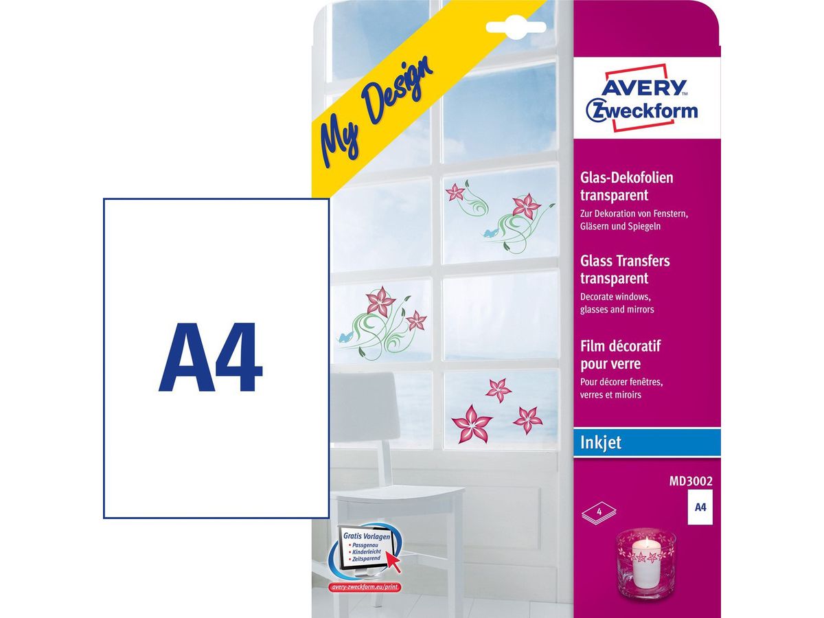 AVERY ZWECKFORM Glasfolie My Design A4 MD3002 transparent 4 Blatt (4004182045534)