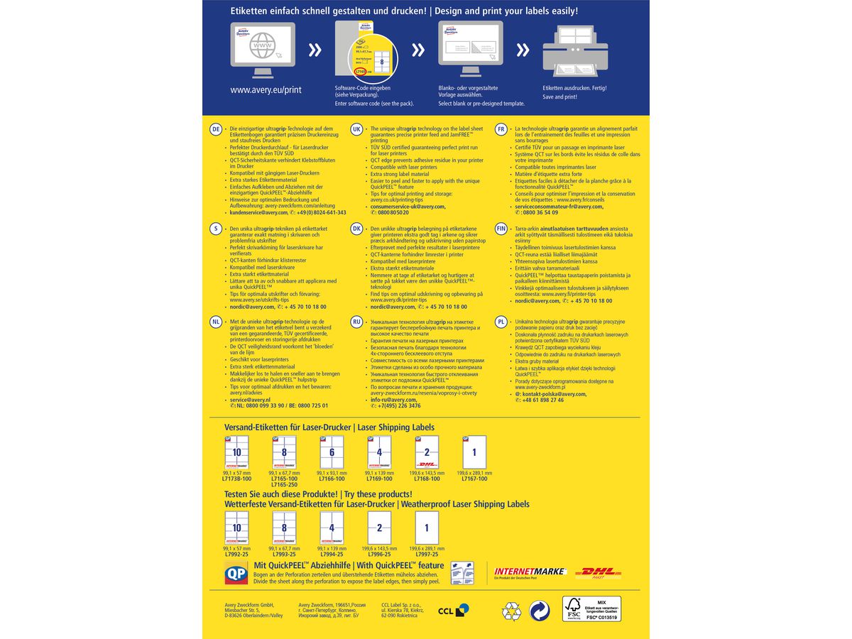 AVERY ZWECKFORM Adressetiketten 99,1x67,7mm L7165-250 weiss 2000 Stk./250 Blatt (4004182251904)