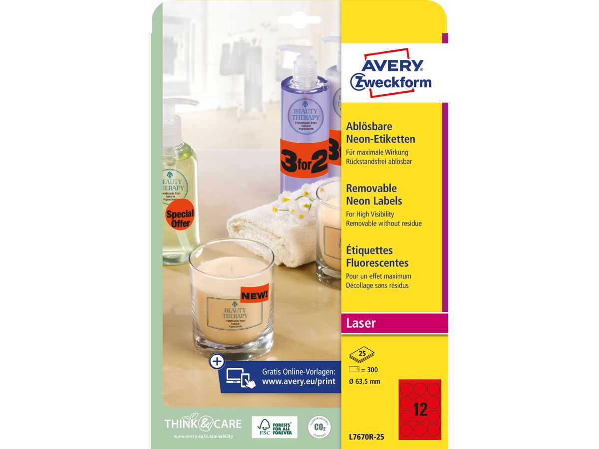 AVERY ZWECKFORM Etichette 63,5mm L7670R-25 rosso 300 pezzi (4004182608401)