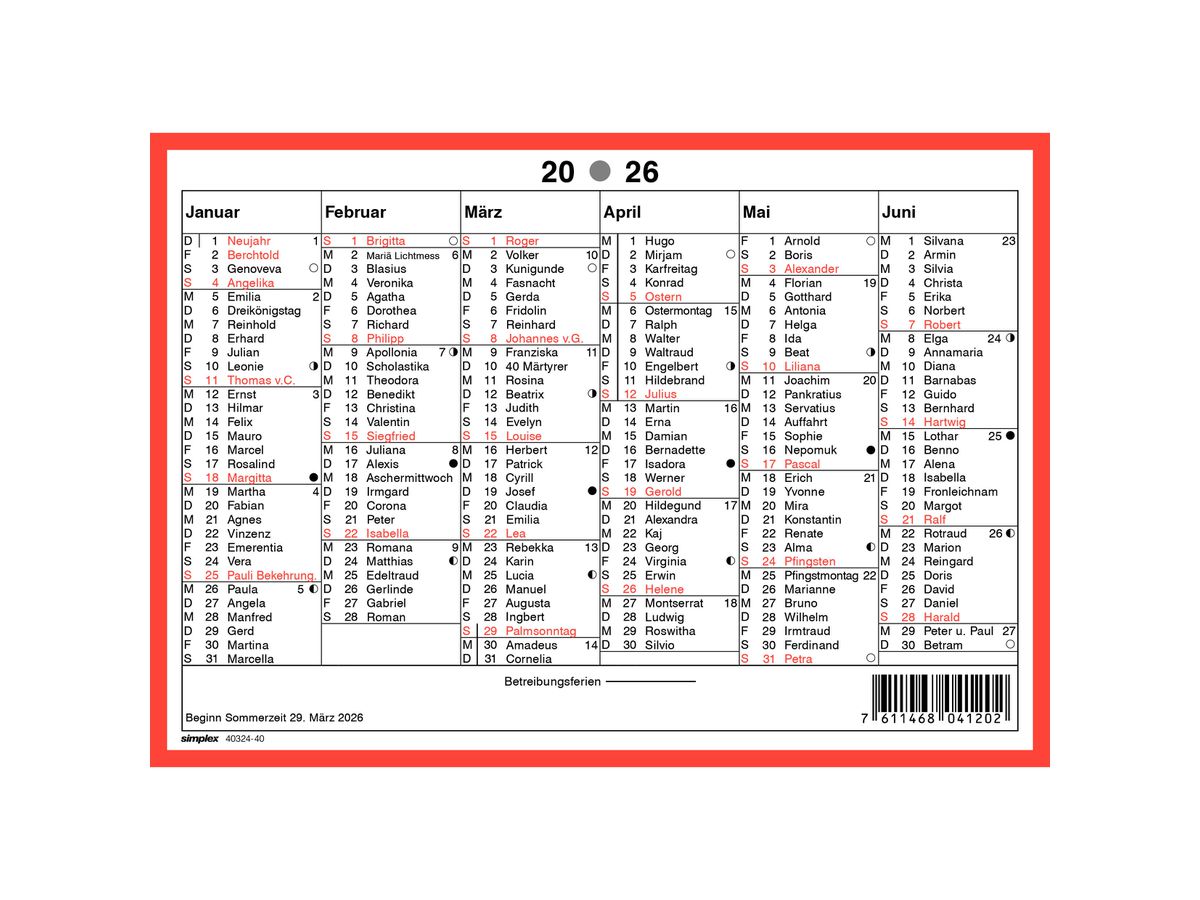 SIMPLEX Wandkalender m.Namenstag 2026 4032440.26 6M/1S rot/weiss DE A5 quer (7611468041202)