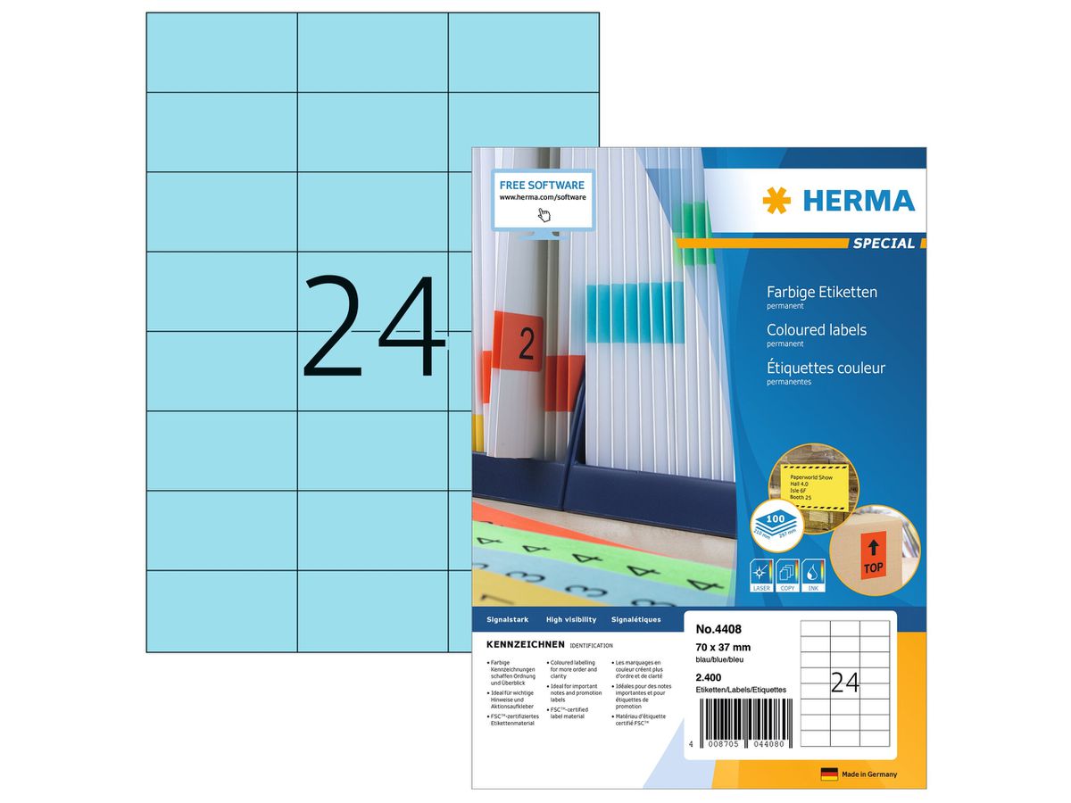 HERMA Etichette SPECIAL 70x37mm 4408 blu,perm. 2400 pz./100 fogli (4008705044080)
