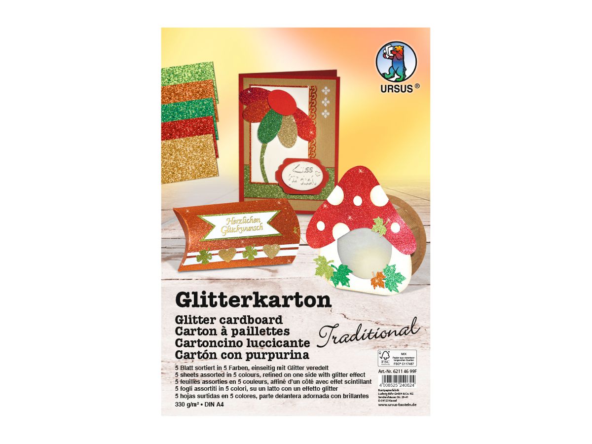URSUS Fotokarton Traditional A4 62114699F 330g, glitzer, ass. 5 Blatt (4008525240624)