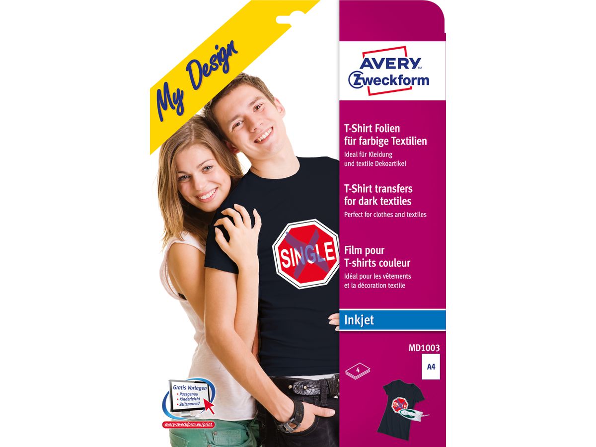 AVERY ZWECKFORM Textilfolie Iron-on A4 MD1003 Inkjet farbige Textil. 4 Stk. (4004182045435)