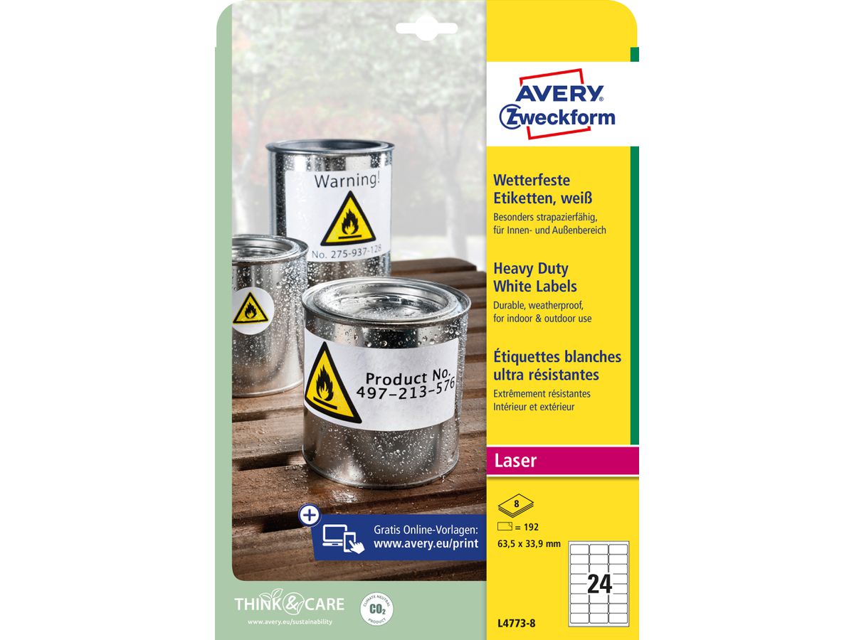 AVERY ZWECKFORM Etiketten Laser 63,5x33,9mm L47738 weiss, wetterfest 8 Blatt (4004182076019)