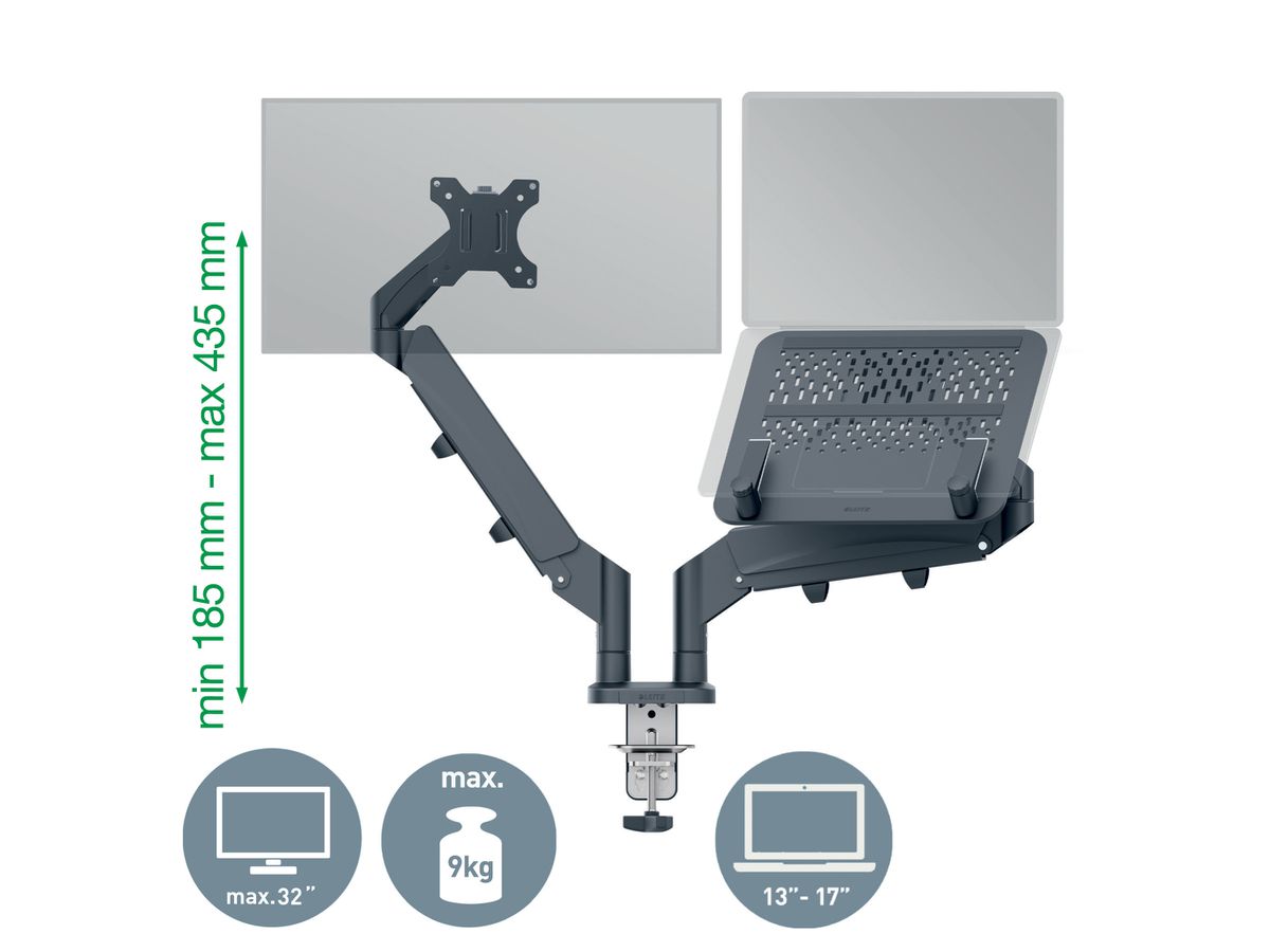 LEITZ Monitorarm ERGO 6538-00-89 grau, inkl. Laptophalter (4002432134700)