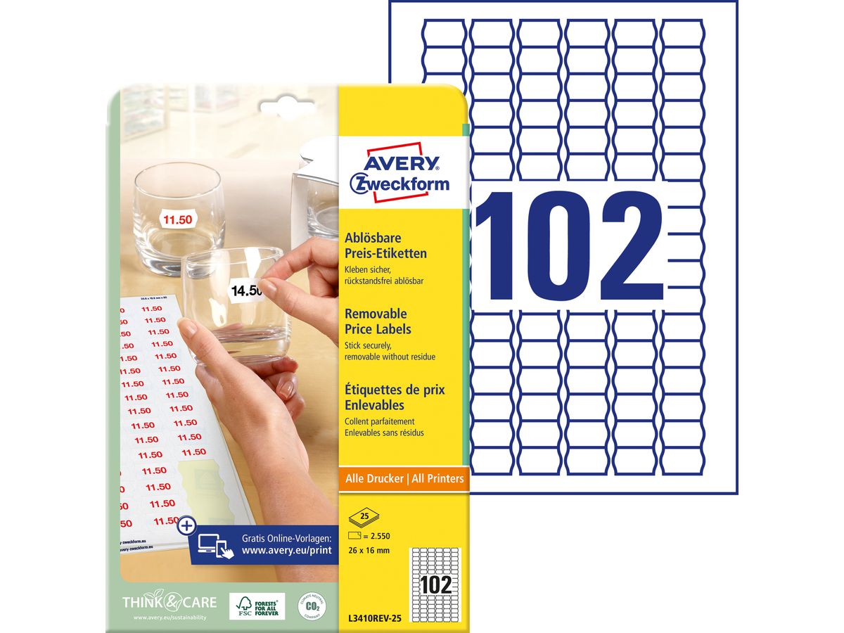 AVERY ZWECKFORM Preisetiketten 26×16mm L3410REV2 weiss 2550 Stück (4004182634103)