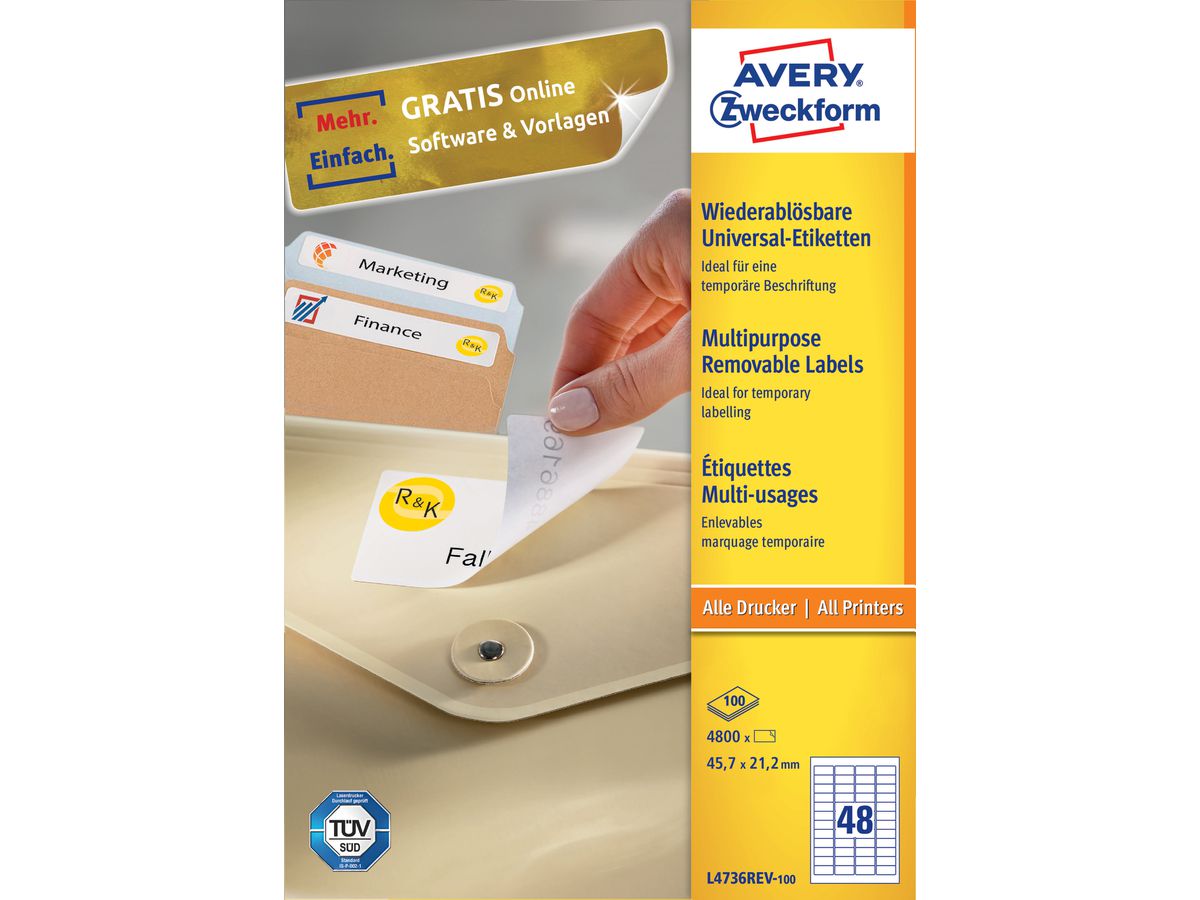 AVERY ZWECKFORM Universaletiketten 45,7x21,2mm L4736REV-100 weiss,non-perm. 4800S./100B. (4004182433294)