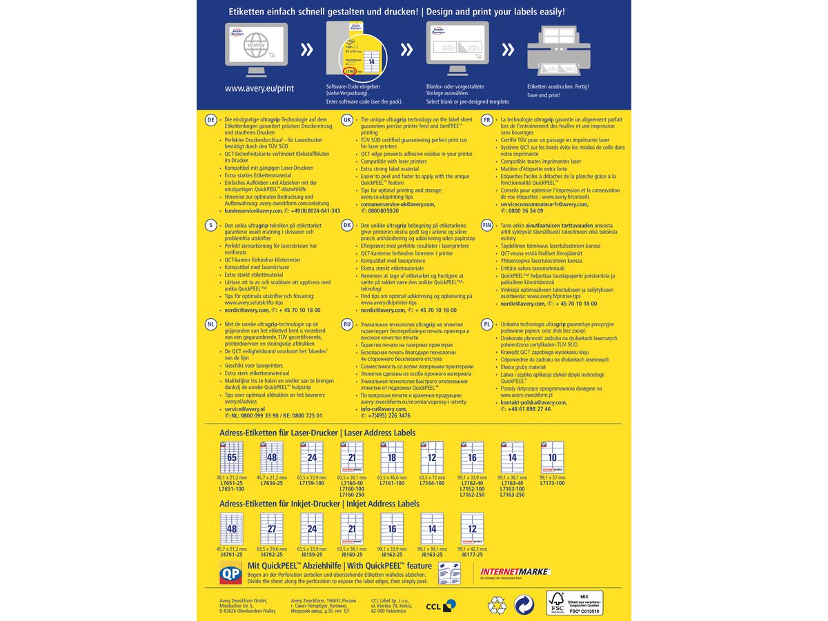 AVERY ZWECKFORM Adressetiketten 63,5x72mm 7164-100 weiss 1200 Stk./100 Blatt (4004182239063)