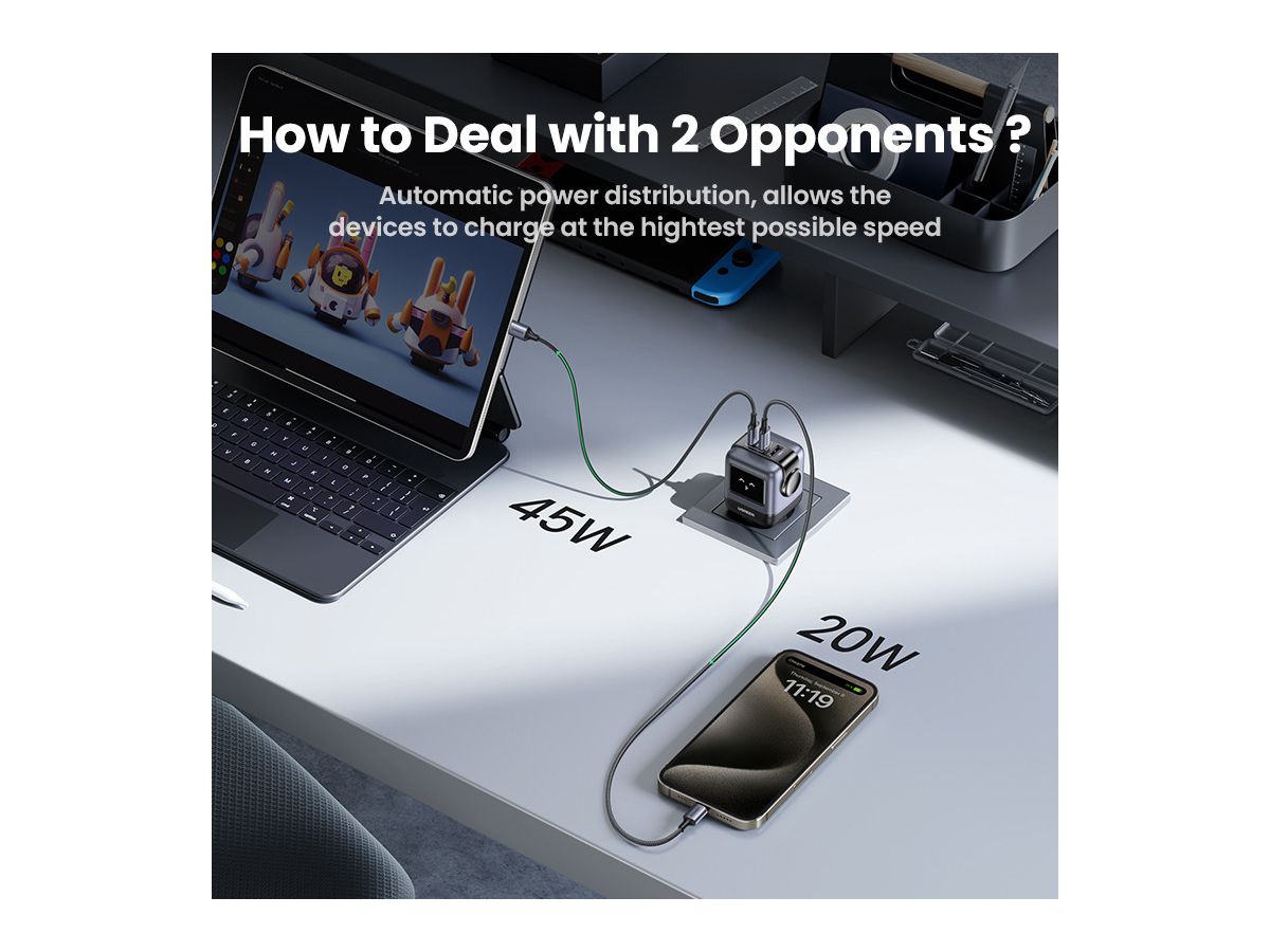 UGREEN Nexode RG 65W 3-Port GaN 25685B 2x USB-C,1xUSB-A, Black (6941876236688)