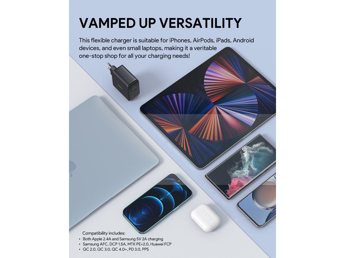 AUKEY OmniaMix II 65W GaN PD PA-B6T BK 3-Port, Wall Charger Black (0689323784783)