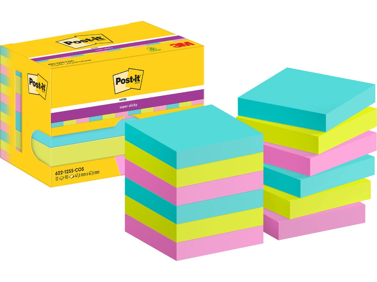 POST-IT Super Sticky Notes 47.6x47.6mm 622-12SS-COS 3-colori 12x90 fogli (4064035065737)