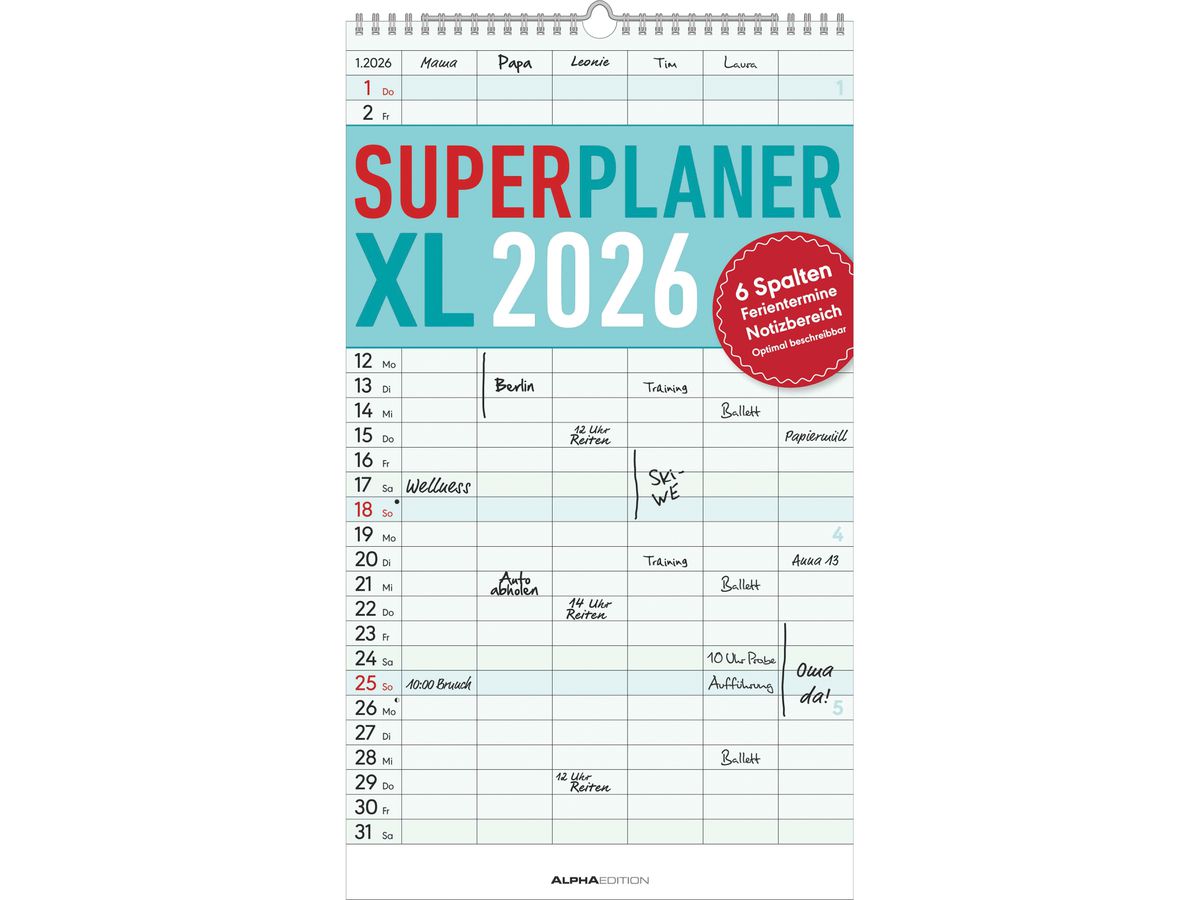 ALPHA EDITION Superplaner XL 2026 160282 1M/1S DE 6 Spalten 26x45cm (4069095002821)
