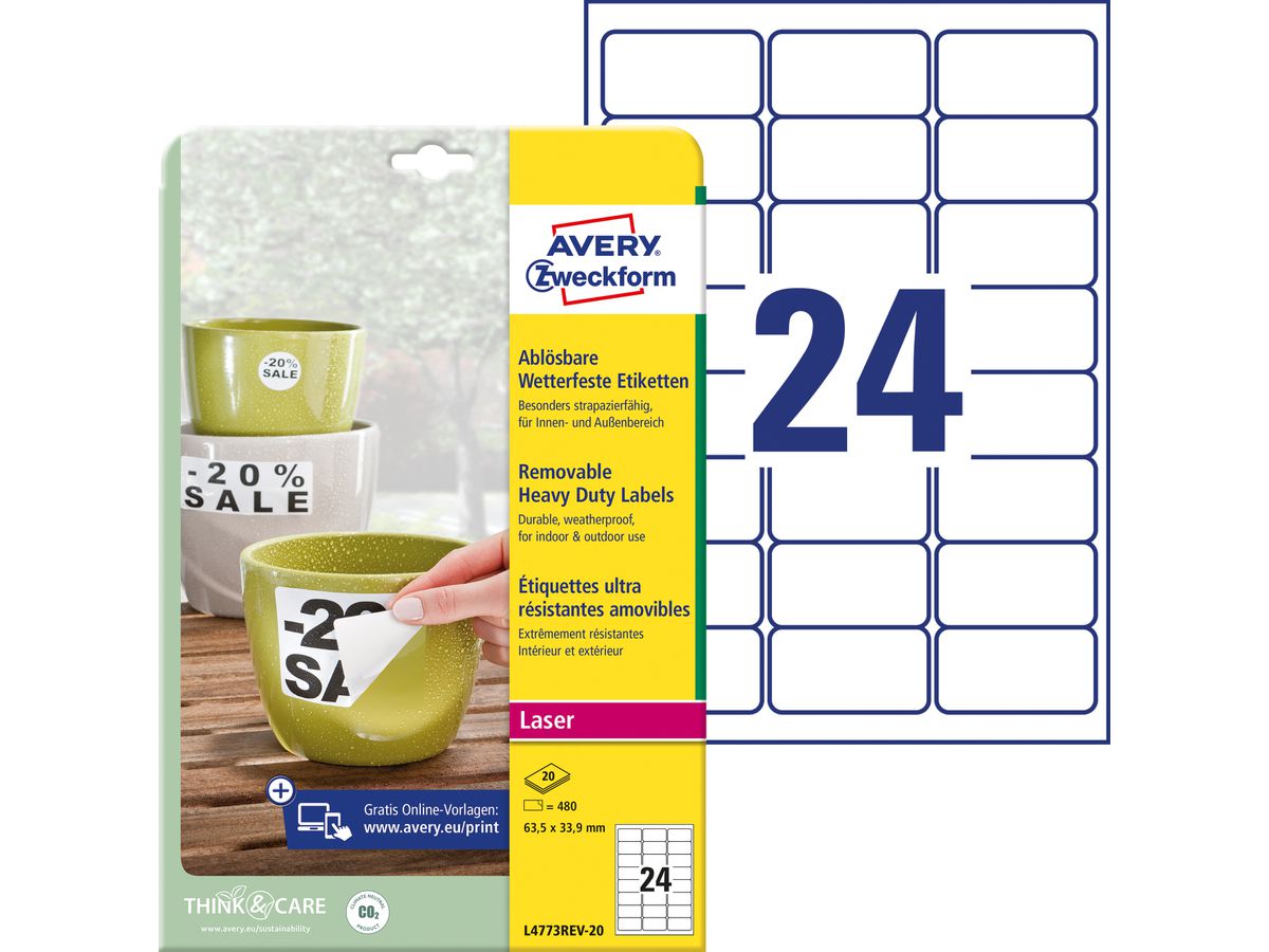 AVERY ZWECKFORM Folienetiketten 63,5x33,9mm L4773REV-20 weiss-non-perm.480 St./20 Bl. (4004182067529)