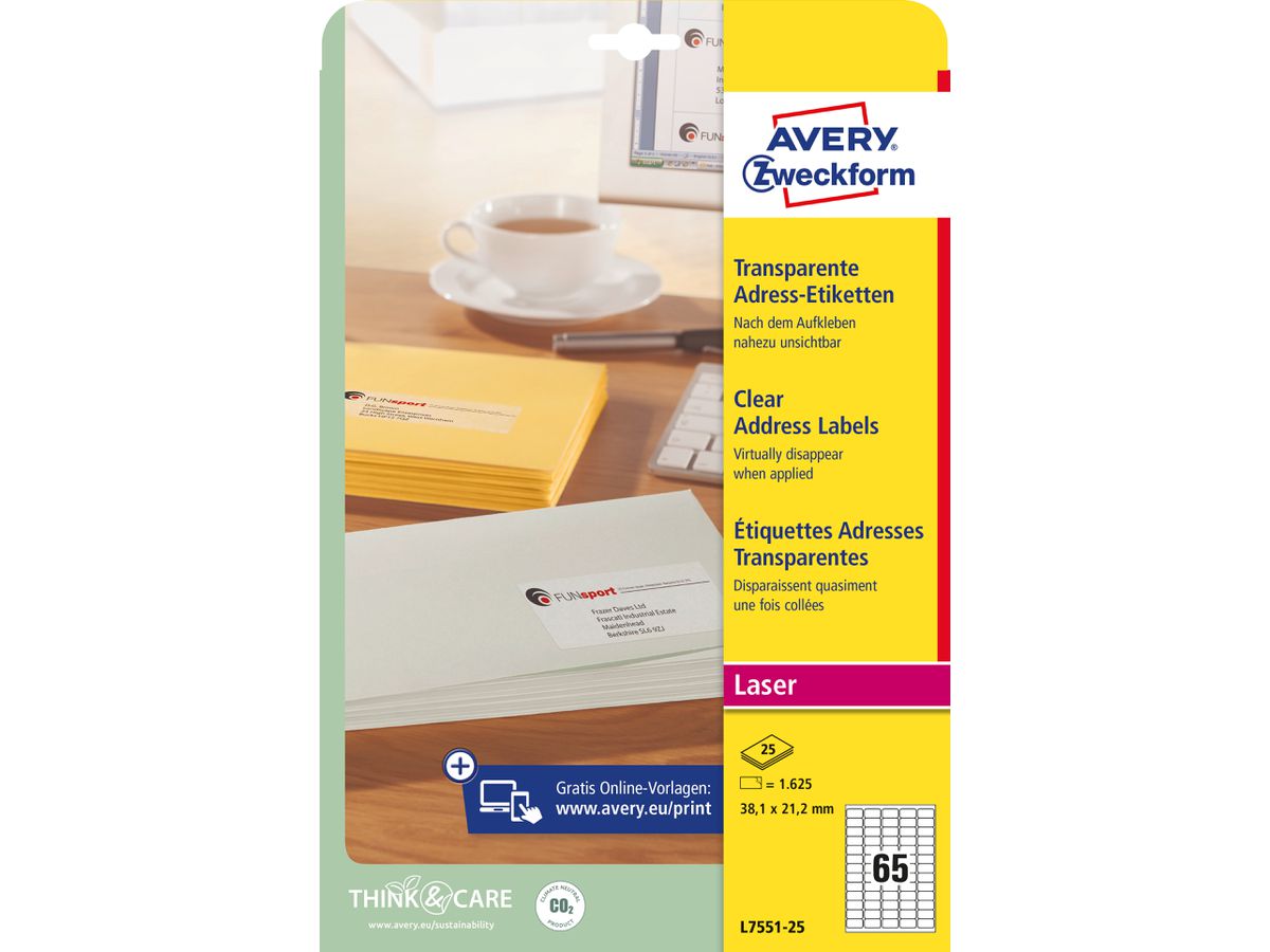 AVERY ZWECKFORM Etichette laser 38x21,2mm L7551-25 trasparente 1625 pz./25 fl. (4004182967454)