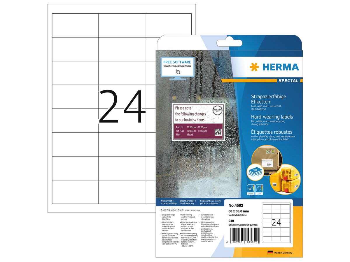 HERMA Etichette foglia 66x33,8mm 4582 bianco,PP mat 240 pz./10 fogli (4008705045827)