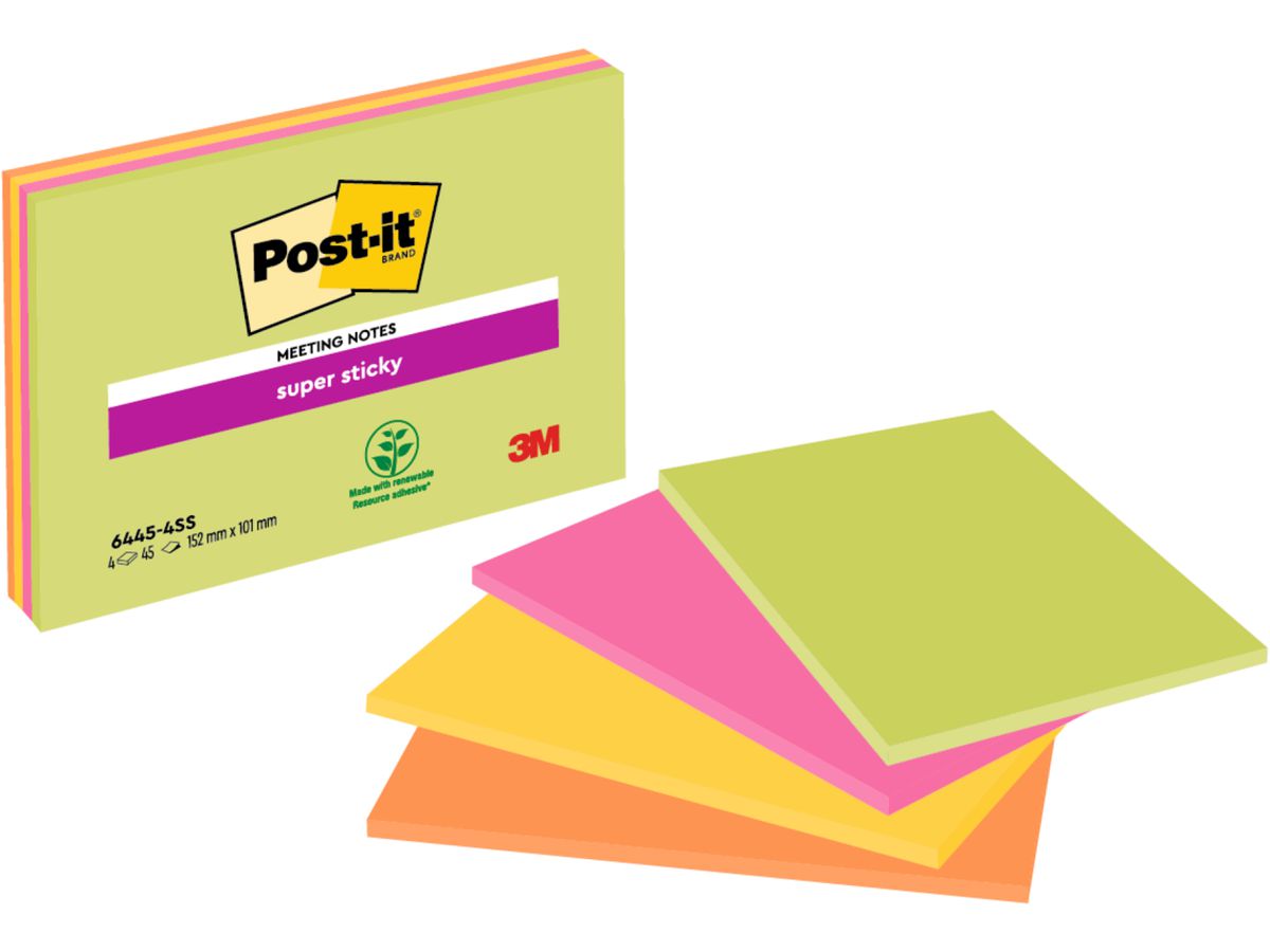 POST-IT Super Sticky Big Notes 4x45Bl. 6445-4SS 4 Farben ass. 152x101mm (0051131849686)