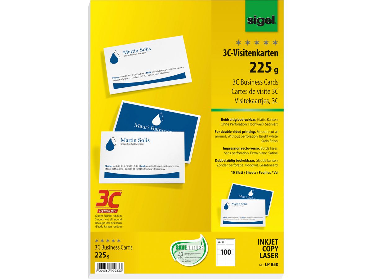 SIGEL Biglietti da visita 85x55mm LP850 bianco, 225g dopp.f. 100 pezzi (4004360999833)