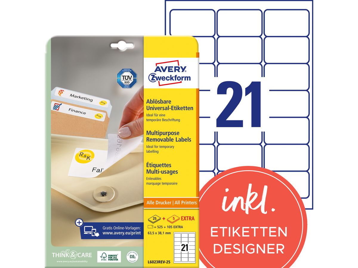 AVERY ZWECKFORM Étique. univers. 63,5x38,1mm L6023REV-25 blanc 630 pcs./25 + 5 flls. (4004182060230)