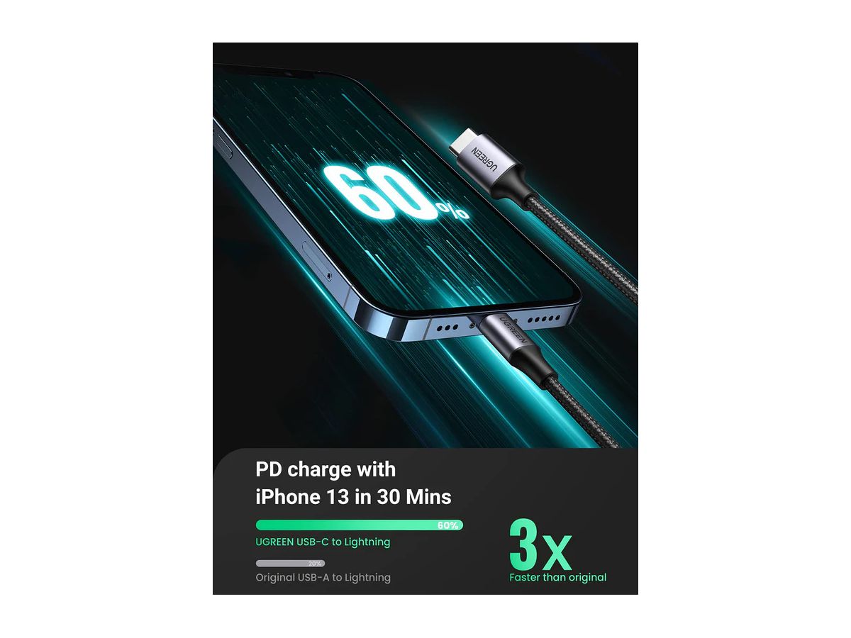 UGREEN Cable USB-C-Lightning PD 60759 1m,Fast Charging,3A Max,Bl. (6957303867592)