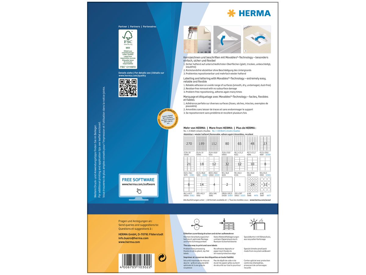 HERMA Etichette SPECIAL 63.5x46.6mm 10302 bianco,non-perm. 1800 pz./100f (4008705103022)
