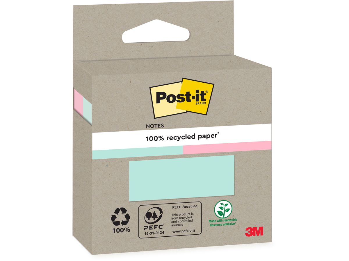 POST-IT Haftnotizen Recycling 76x76mm 6820R-2LM rosa und grün 2x100 Blatt (4054596907034)