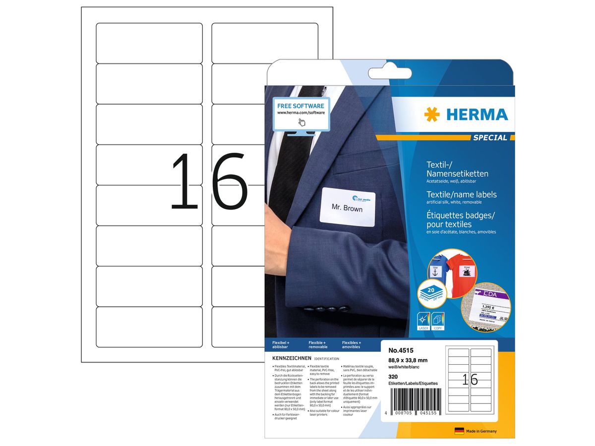 HERMA Etichette p.badges 88,9x33,8mm 4515 bianco 320 pz./20 fogli (4008705045155)