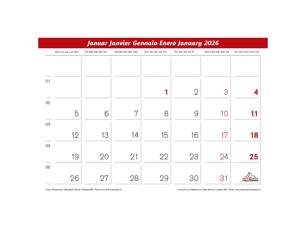 CALENDARIA Calendario 2026 9783036205168 Berner Oberland ML 31.5x23cm (9783036205168)