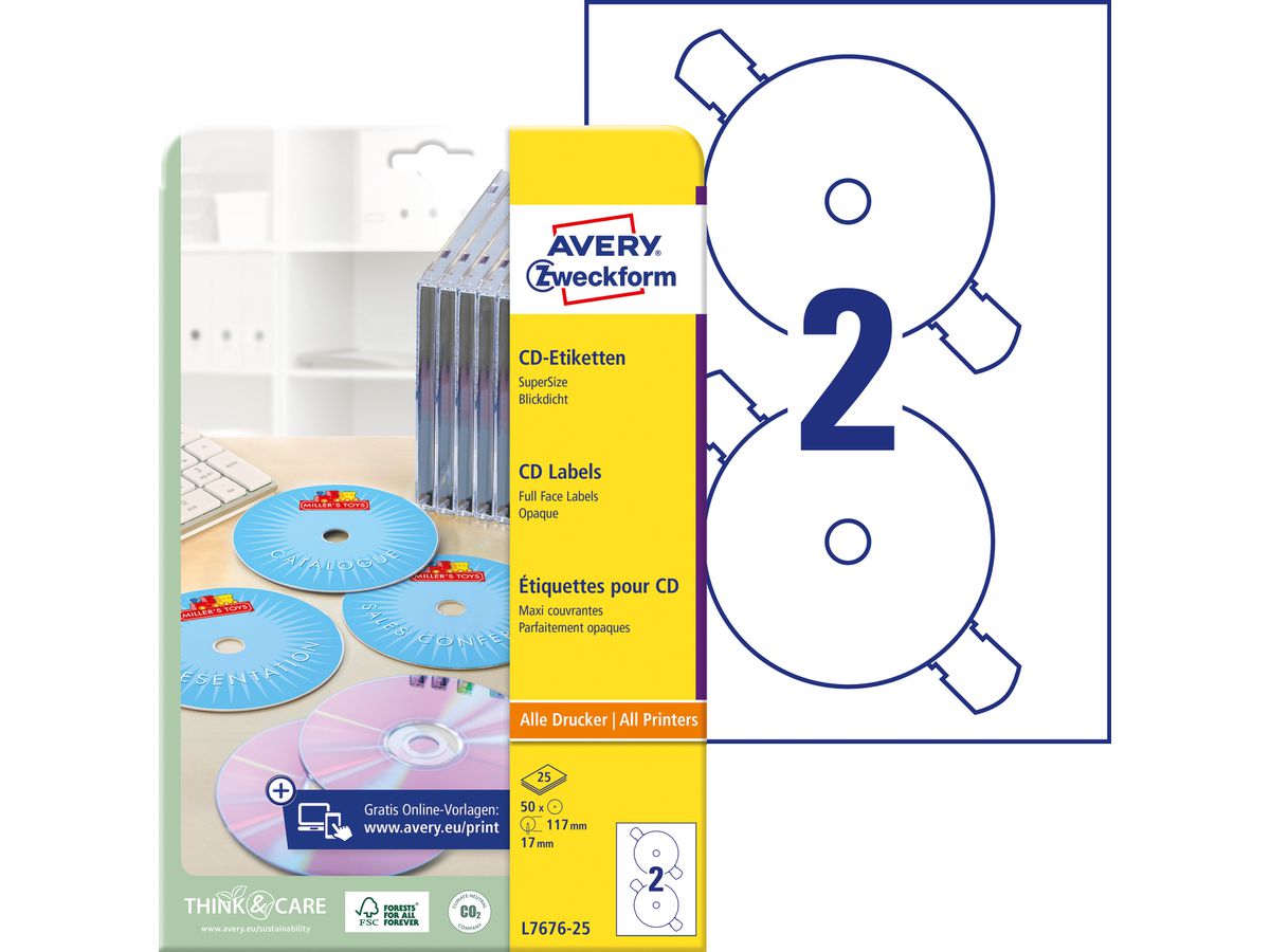 AVERY ZWECKFORM CD Labels SuperSize 117mm L7676-25 bianco, permanente 25x2 pz. (4004182236529)