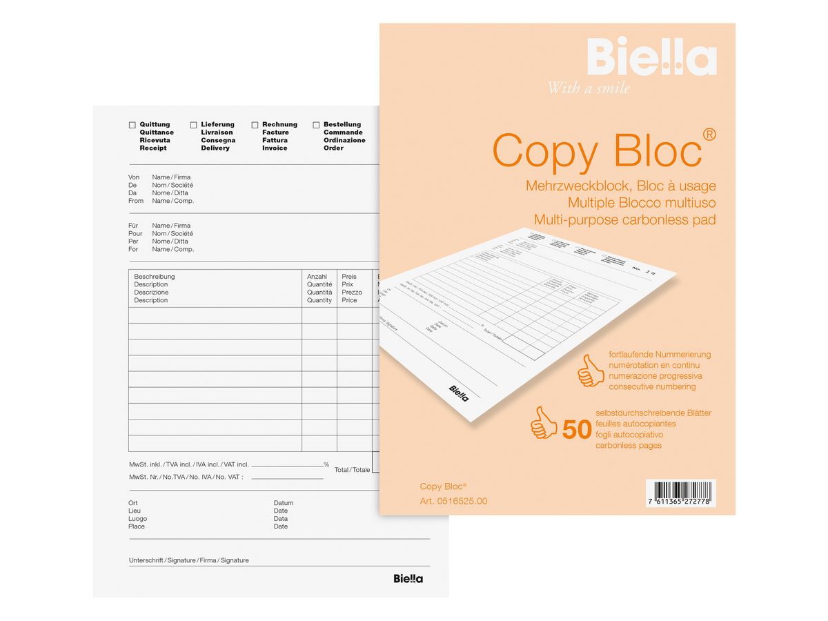 BIELLA Mehrzweck.COPY-BLOC D/F/I/E A5 51652500U selbstdurchschreib. 50x2 Blatt (7611365272778)
