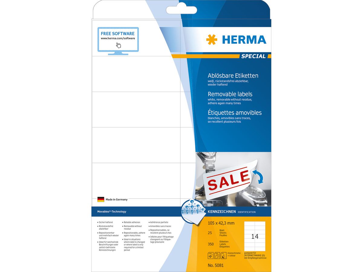 HERMA Etiketten Ablösbar 63,5x46,6mm 4203 weiss, non-perm. 450 St./25Bl. (4008705042031)