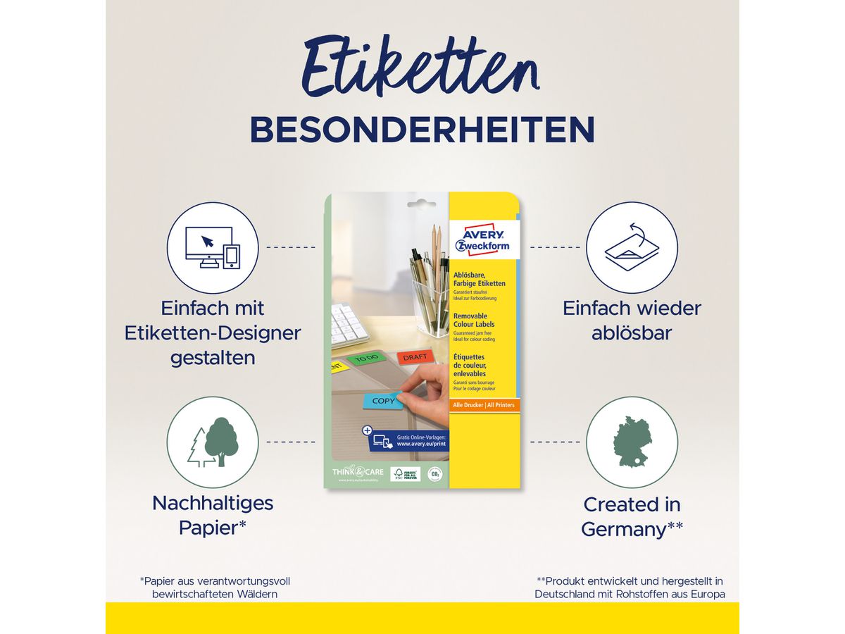 AVERY ZWECKFORM Etichette 45,7x21,2mm L6041-20 giallo 960/20fl. (4004182060414)