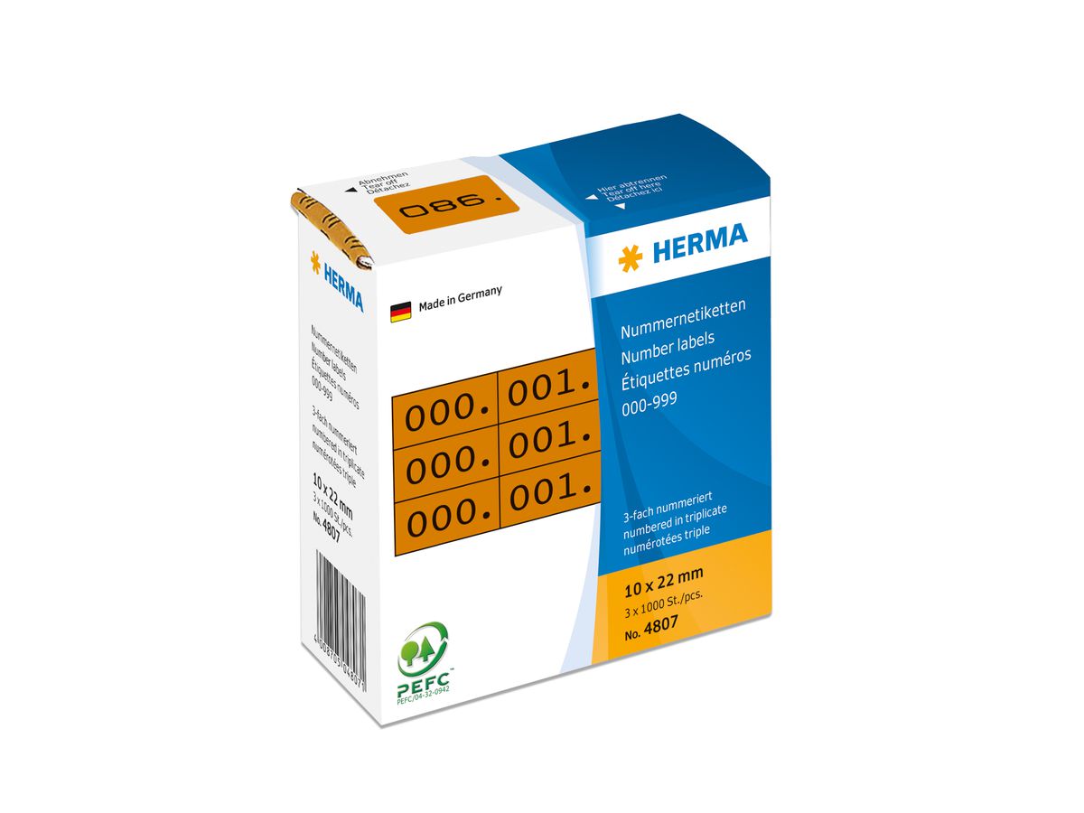 HERMA Dreifach-Nummern 22x10mm 4807 braun, 0-999 1000 Stück (4008705048071)