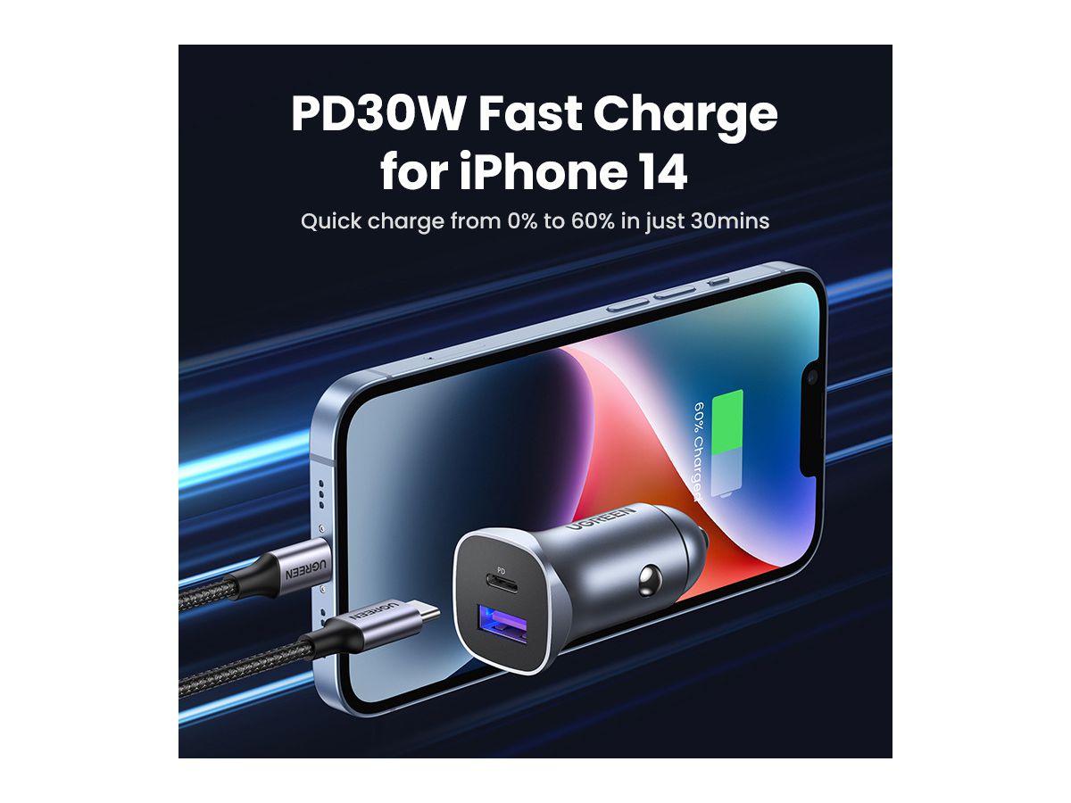 UGREEN Fast Car Charger 30W 40858 USB-C PD+USB-A QC (6957303848584)