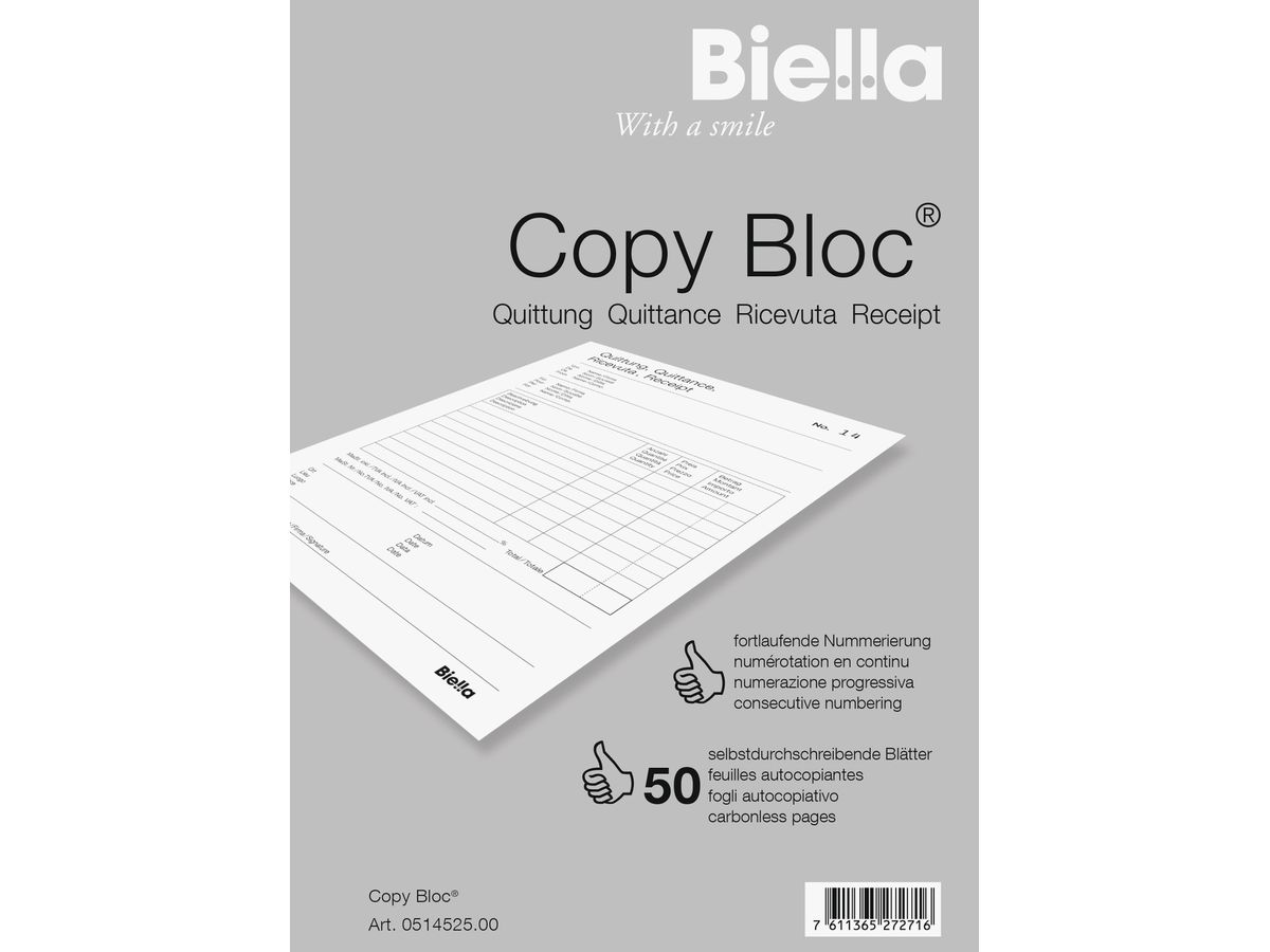 BIELLA Quittung COPY-BLOC D/F/I/E A5 51452500U selbstdurchschreib. 50x2 Blatt (7611365272716)