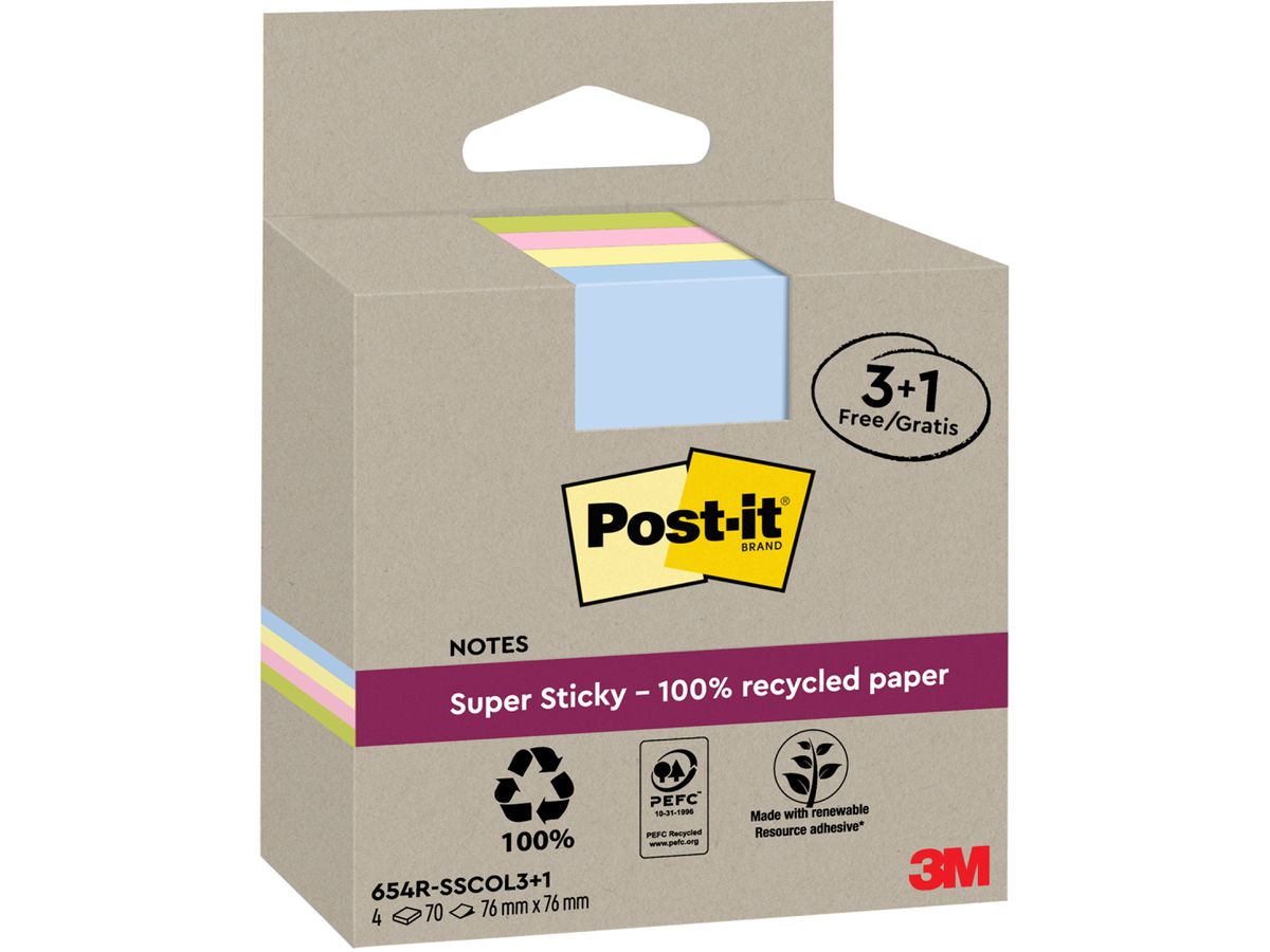 POST-IT SuperSticky Notes 76x76mm 654 RSSCOL 3+1F Recycling,assort. 4x70 Blatt (4064035060251)