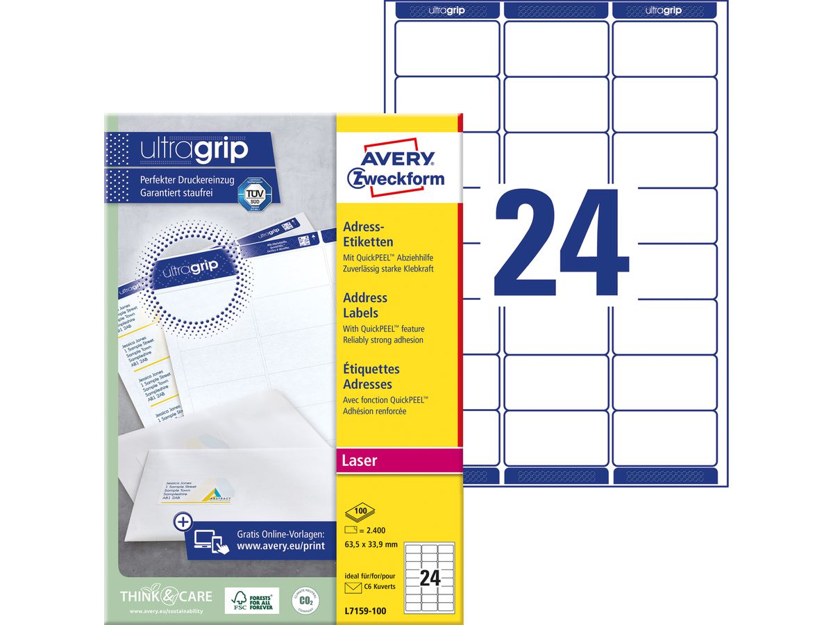 AVERY ZWECKFORM Adressetiketten 63,5x33,9mm L7159-100 weiss 2400 Stk./100 Blatt (4004182471593)