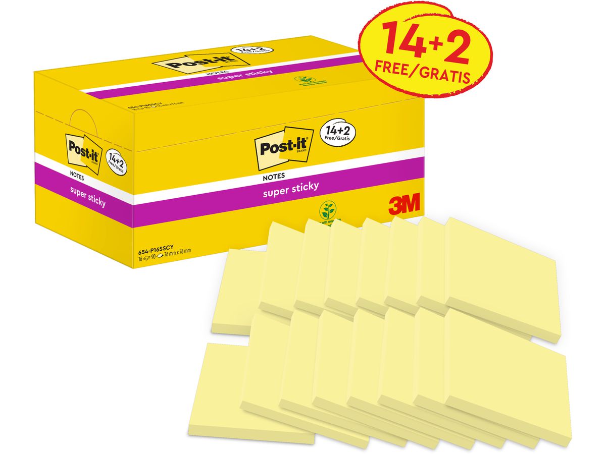 POST-IT Super Sticky Notes 654-P16SSCY-EU 76x76mmgelb 16x90Bl. (0051141381008)