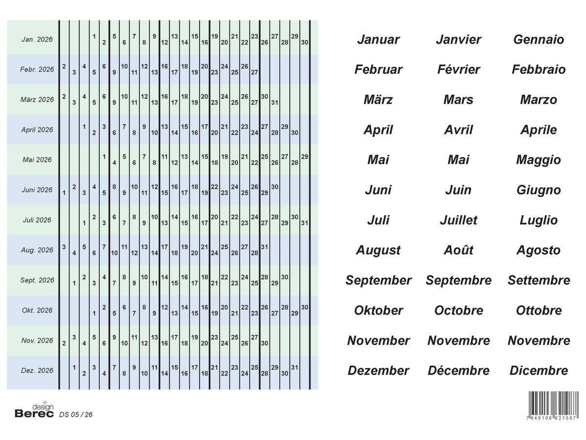 BEREC Datumsstreifenset 2026 DS 05/26 selbstklebend 5-Tage-Woche (7640106621087)