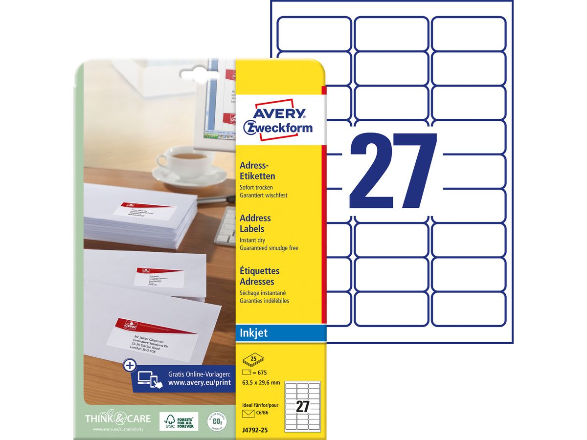 AVERY ZWECKFORM Adressetiketten 63,5x29,6mm J4792-25 InkJet, weiss 675 Stk./25 Bl. (4004182047927)