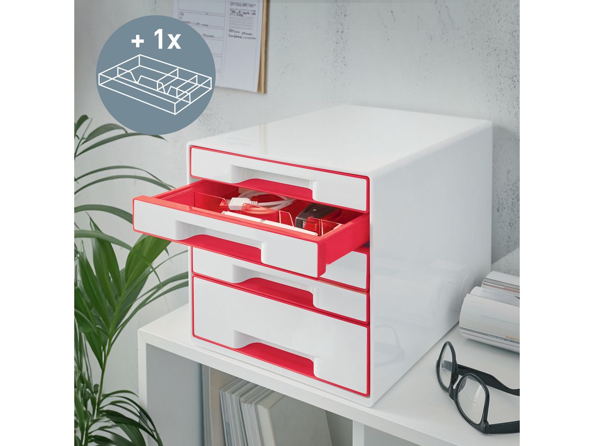 LEITZ Set tiroirs WOW Cube A4 5214-20-26 blanc/rouge, 5 tiroirs (4002432135189)