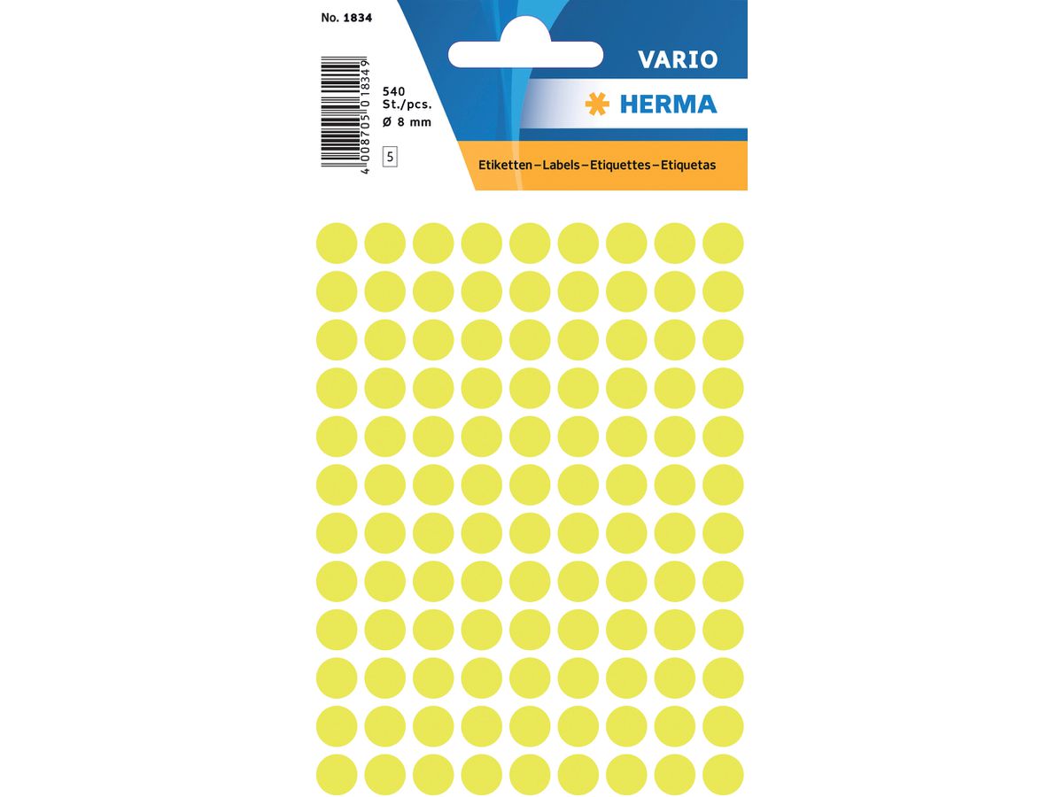 HERMA Etiketten rund 8mm 1834 leuchtgelb 540 Stück (4008705018340)