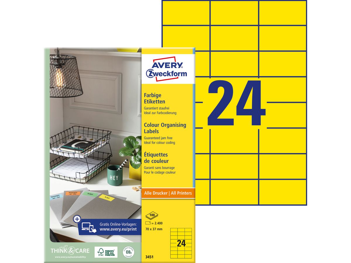 AVERY ZWECKFORM Etiquettes 70x37mm 3451 Universel, jaune 100fl./24pc. (4004182034514)